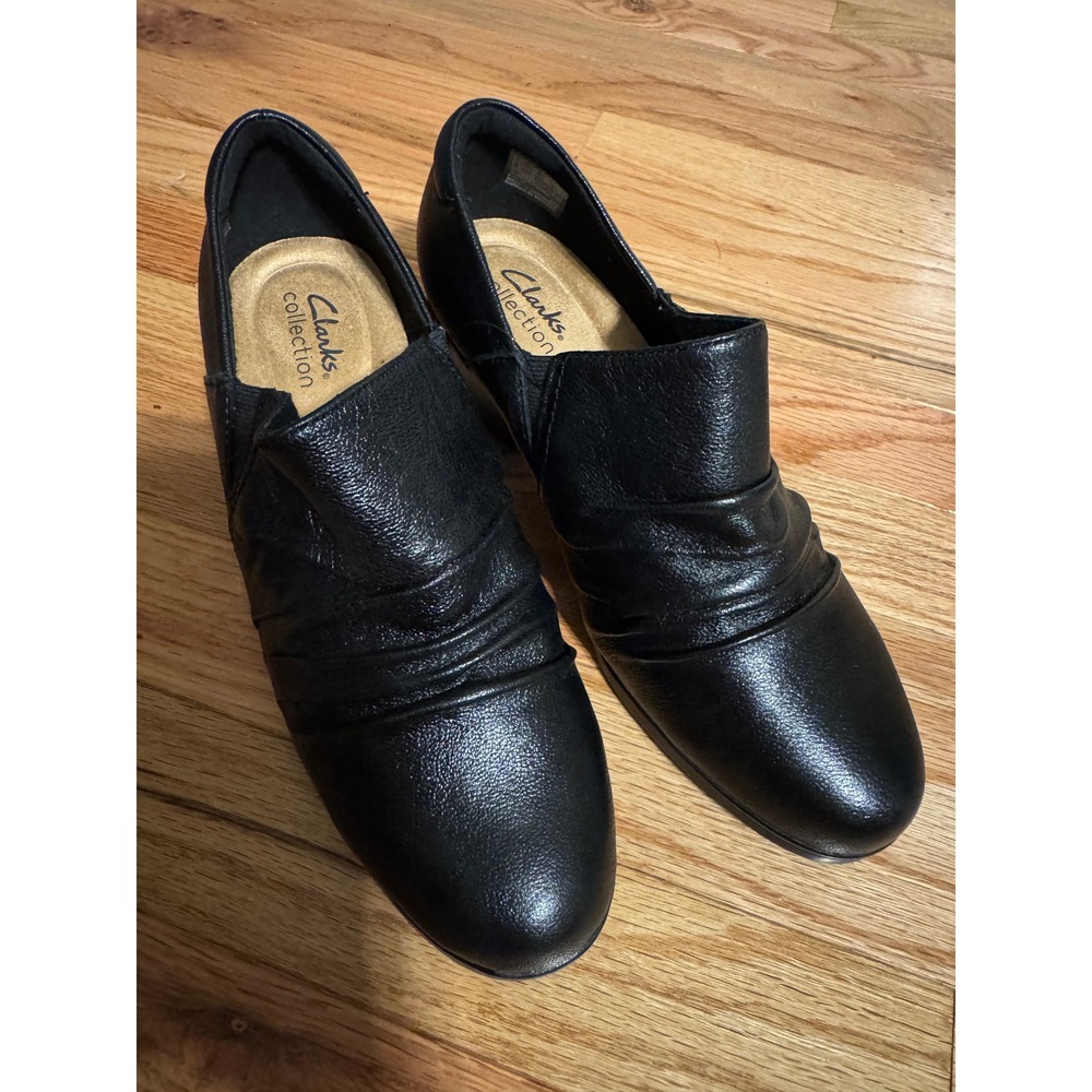 Clarks Collection Womens Black Leather Ruched Shooties Block Heel Size 8